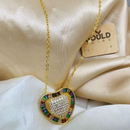 COLAR CORAÇÃO CRAVEJADO C/ PEDRAS COLORIDAS