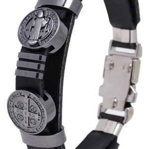 PULSEIRA CHAPA DOIS PINGENTE SAO BENTO ALÇA DE COURO