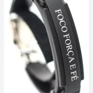 PULSEIRA CHAPA FOCO FORÇA E FE BLACK ALÇA DE COURO