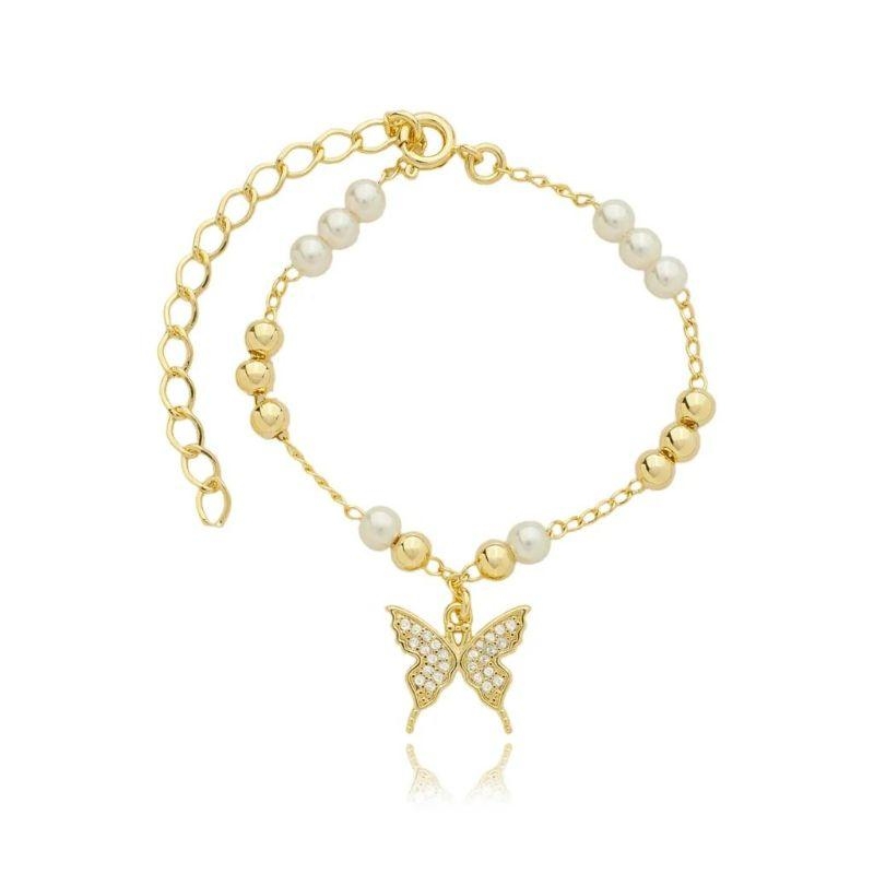PULSEIRA PEROLA C/ BORBOLETA CRAVEJADA