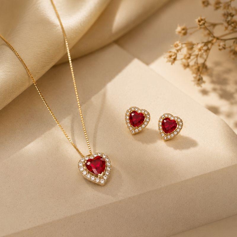 CONJUNTO CORAÇAO ROSA CRAVEJADO