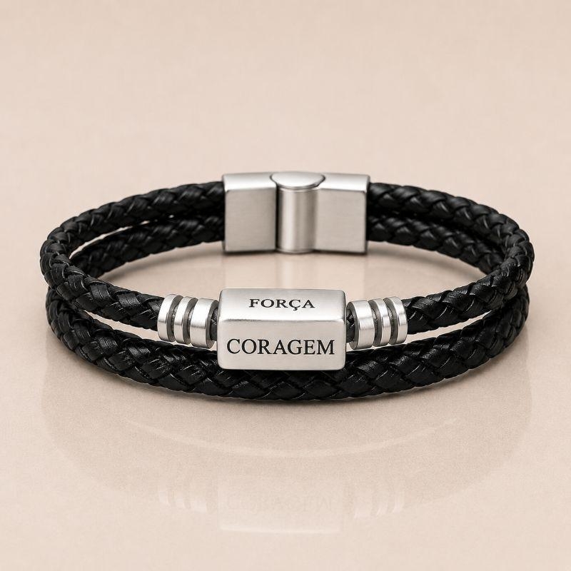 PULSEIRA ALÇA DE COURO TRANÇADA FORÇA CORAGEM FE FOCO