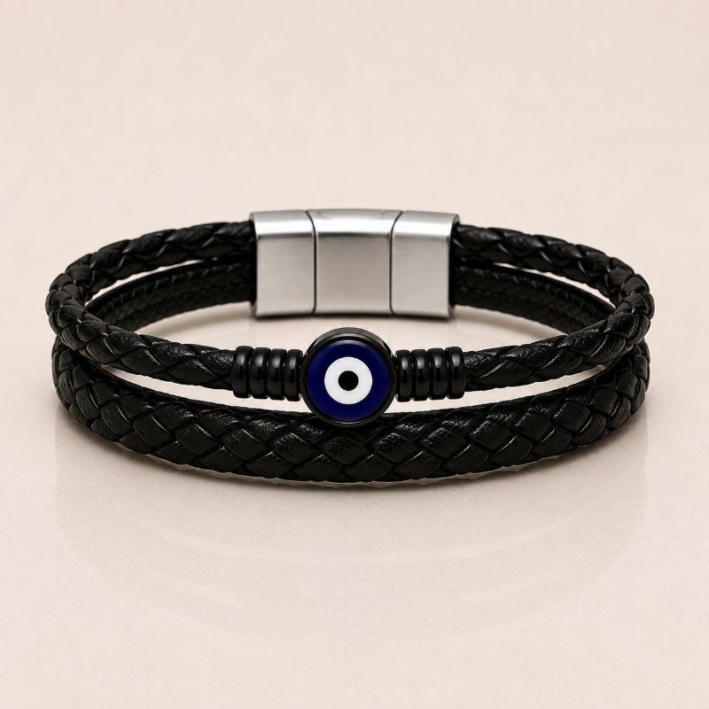 PULSEIRA ALÇA DE COURO TRANÇADA OLHO GREGO