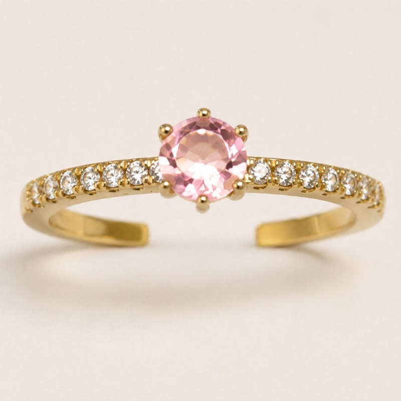 ANEL SOLITARIO PEDRA ROSA CRAVEJADO