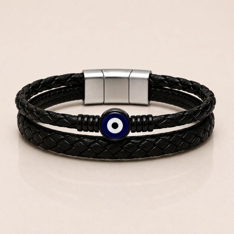 PULSEIRA ALÇA DE COURO TRANÇADA OLHO GREGO