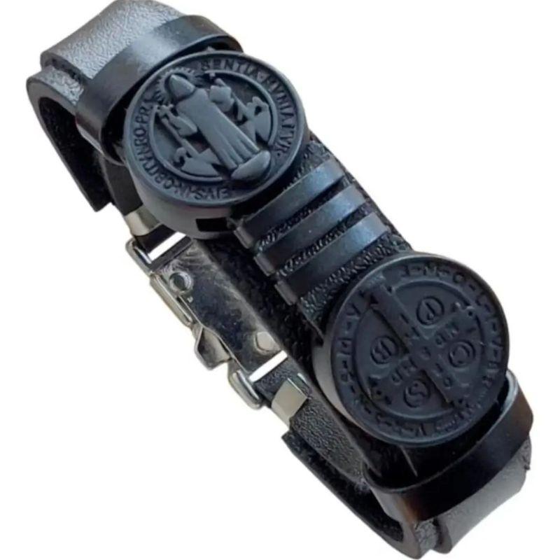 PULSEIRA CHAPA DOIS PINGENTE SAO BENTO BLACK ALÇA DE COURO