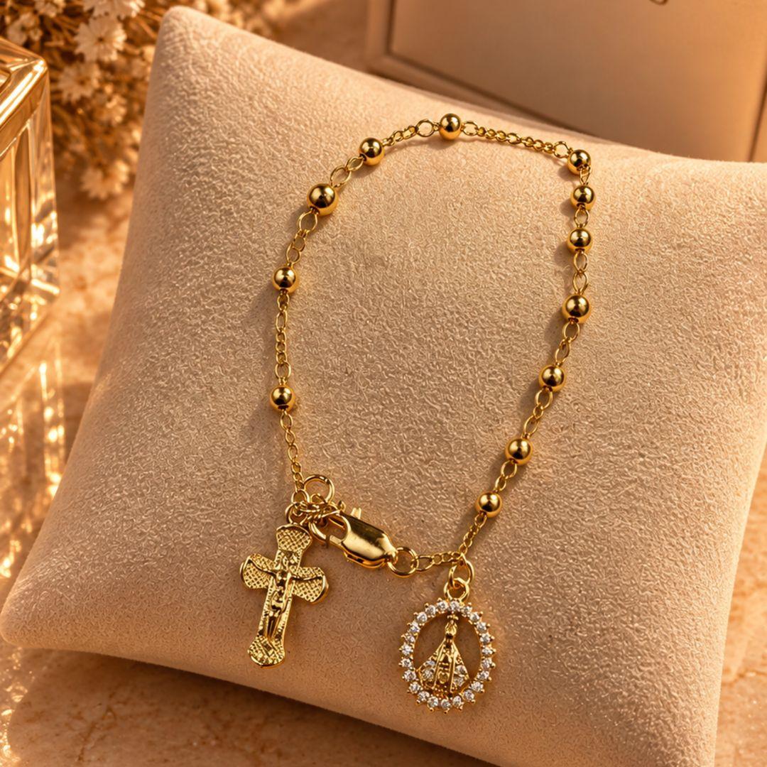 PULSEIRA BOLA CRUZ NOSSA SENHORA COM ZIRCONIA